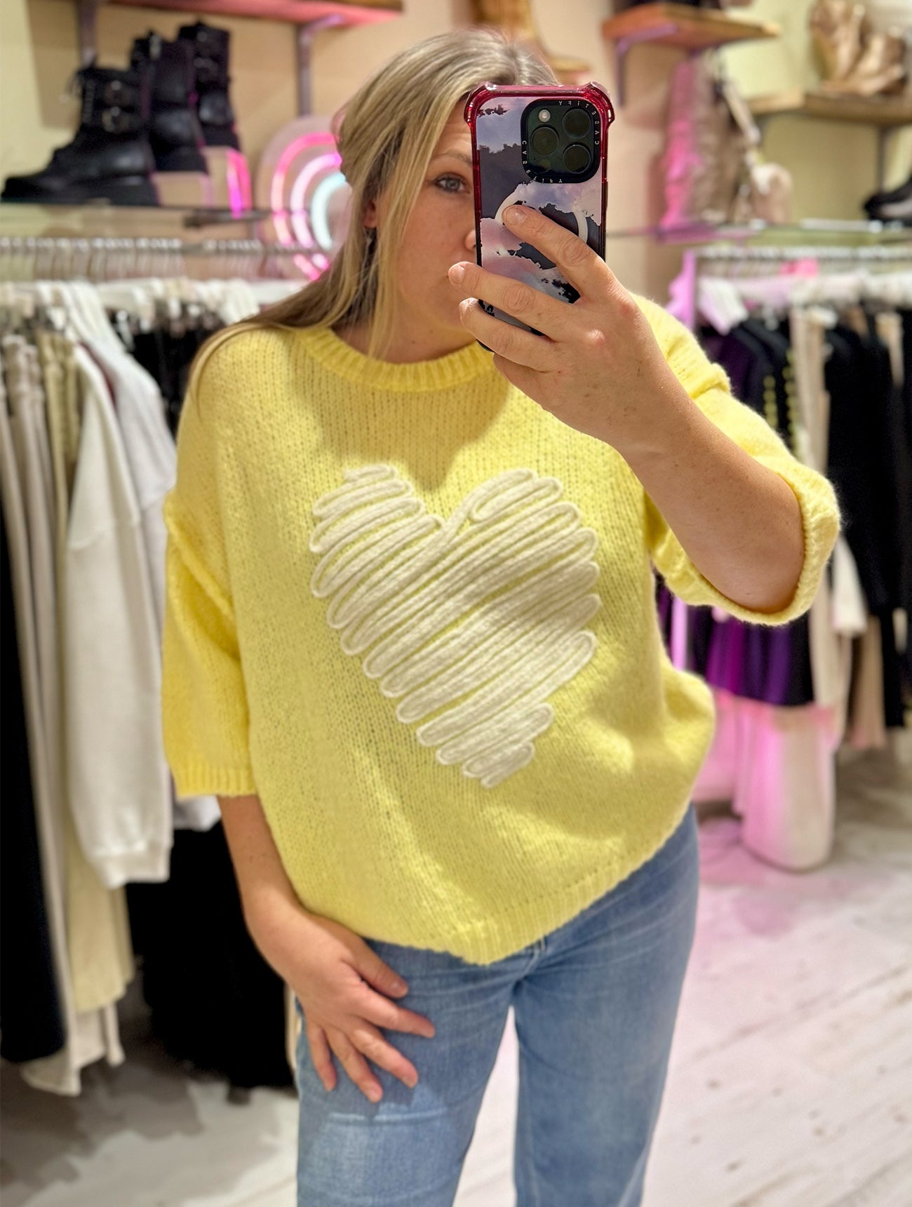 Heart Half Sleeve Jumper | Lemon Yellow/White