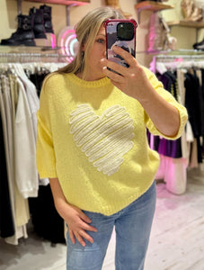 Heart Half Sleeve Jumper | Lemon Yellow/White