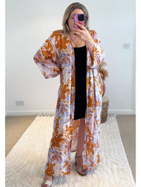 Kira Maxi Kimono | Hibiscus Print | Lilac/Burnt Orange