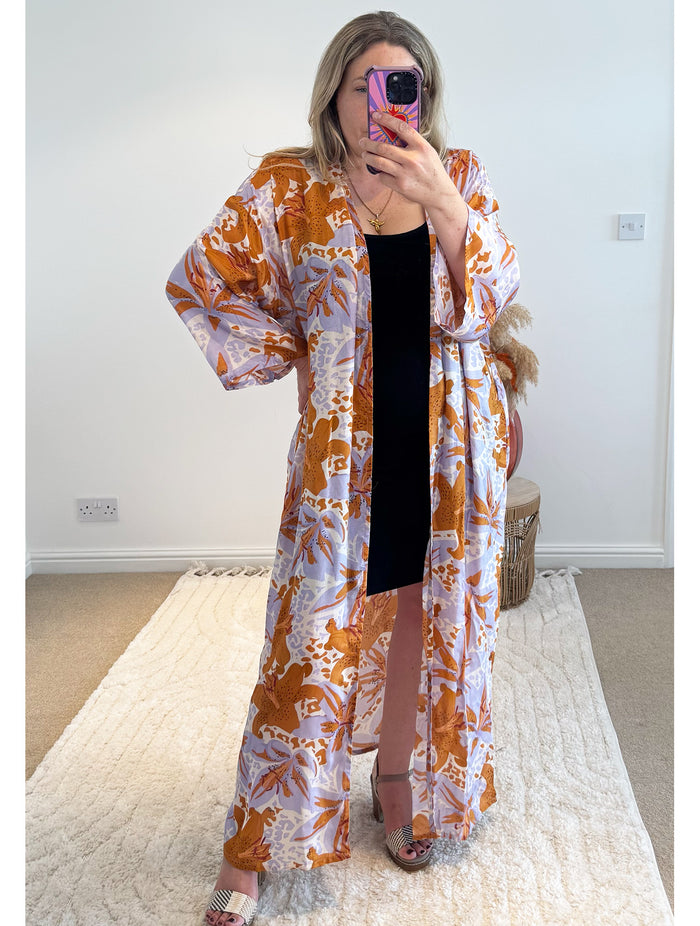 Kira Maxi Kimono | Hibiscus Print | Lilac/Burnt Orange