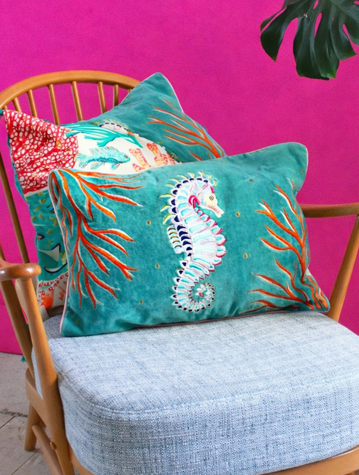 Coral Velvet Seahorse Cushion