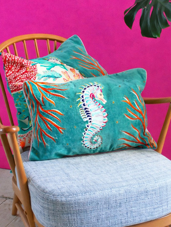 Coral Velvet Seahorse Cushion