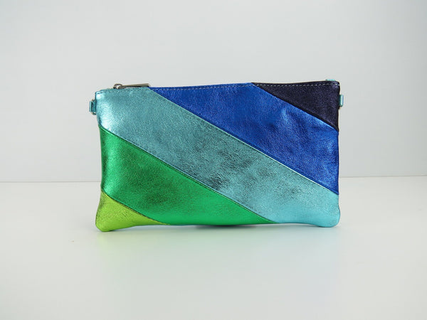 Stripe Metallic Leather Clutch/Crossbody | Blue/Green