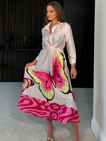 Isabella Butterfly Tie Front Shirt Dress | Pink Multi