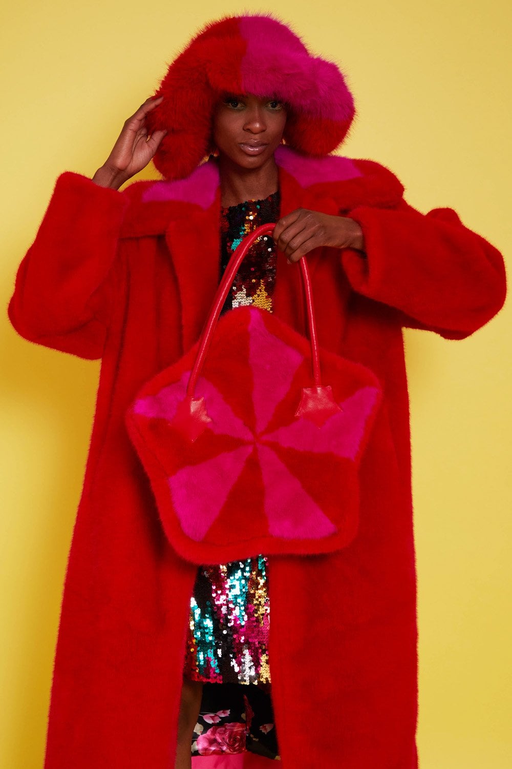 Jayley | Bamboo Faux Fur Midi Coat with Fur Collar | Red Multi