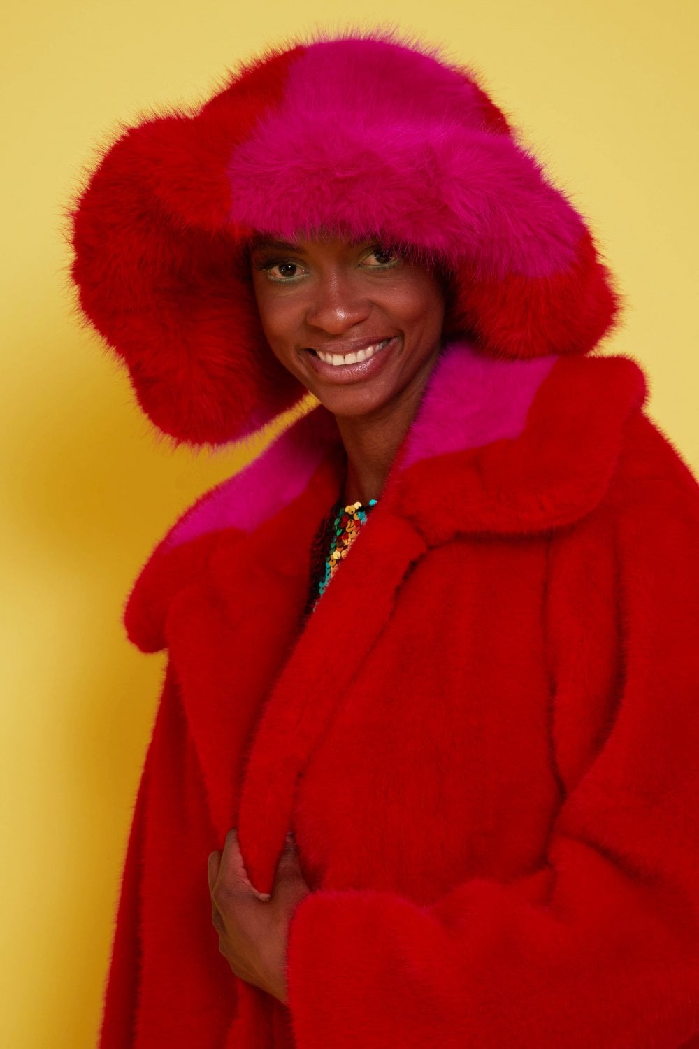 Jayley | Bamboo Faux Fur Midi Coat with Fur Collar | Red Multi