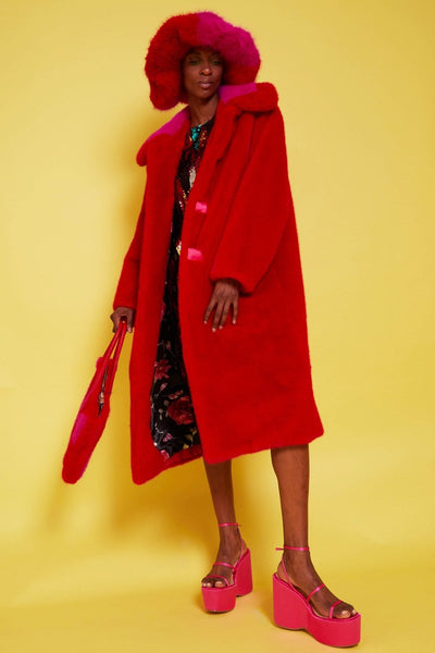 Jayley | Bamboo Faux Fur Midi Coat with Fur Collar | Red Multi