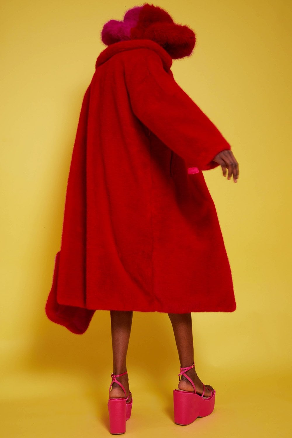 Jayley | Bamboo Faux Fur Midi Coat with Fur Collar | Red Multi