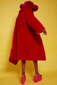 Jayley | Bamboo Faux Fur Midi Coat with Fur Collar | Red Multi