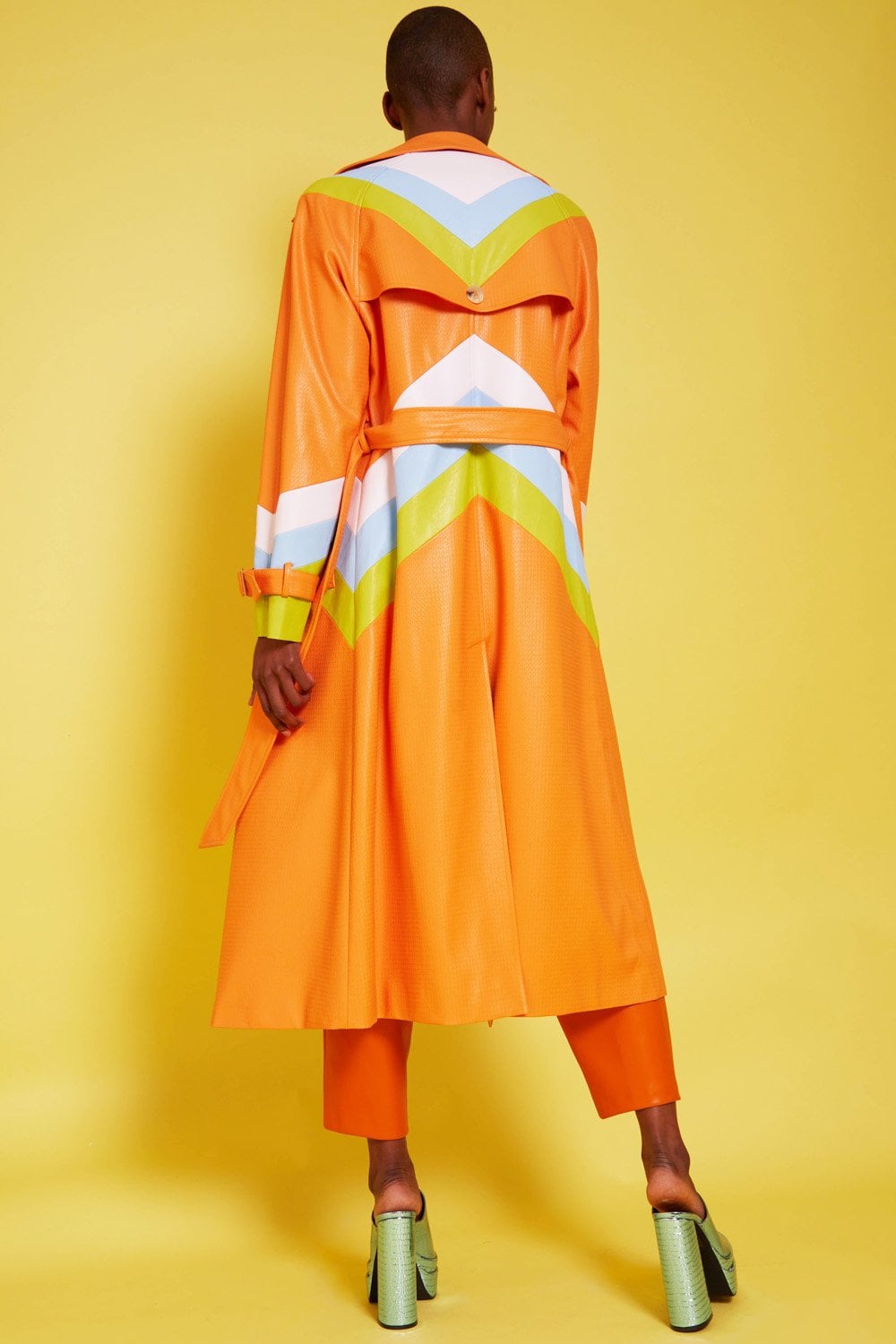 Jayley | Eco Leather Hand Cut Patchwork Trench Coat | Orange Multi