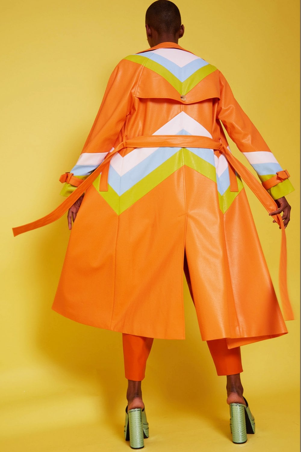 Jayley | Eco Leather Hand Cut Patchwork Trench Coat | Orange Multi