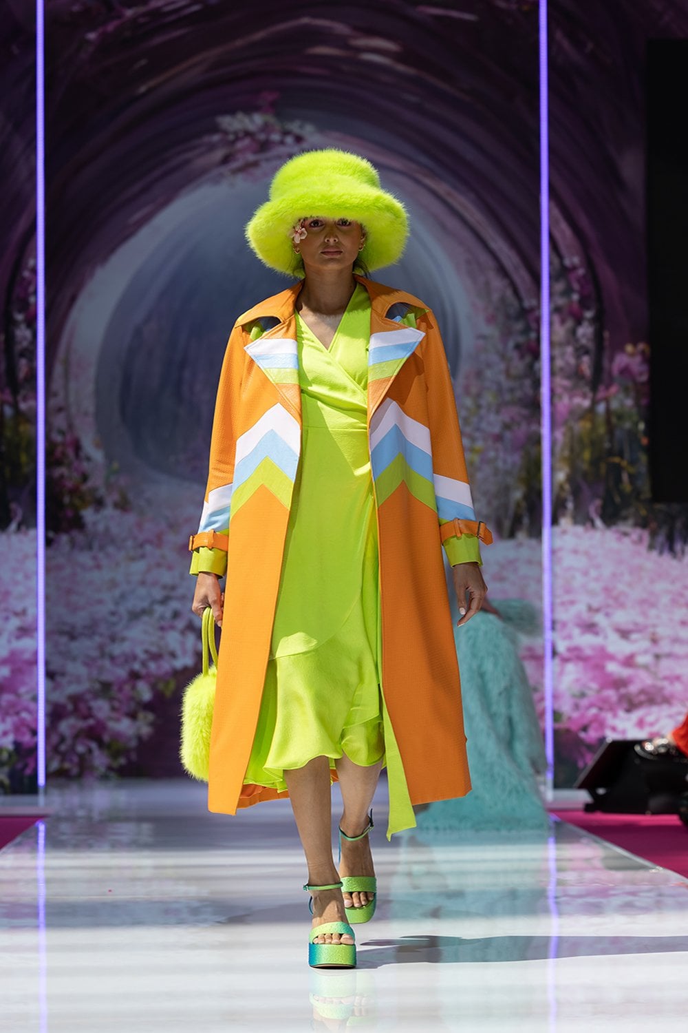 Jayley | Eco Leather Hand Cut Patchwork Trench Coat | Orange Multi