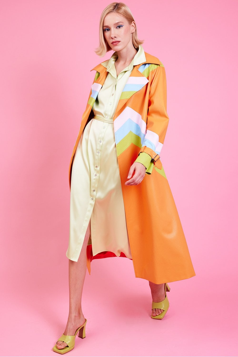 Jayley | Eco Leather Hand Cut Patchwork Trench Coat | Orange Multi