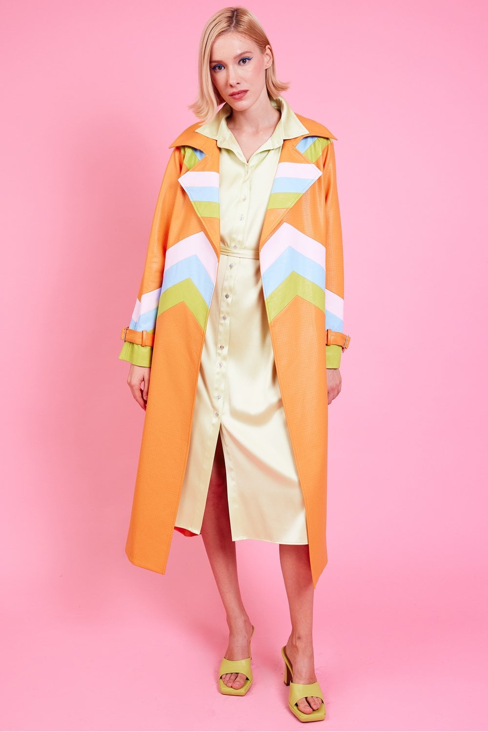Jayley | Eco Leather Hand Cut Patchwork Trench Coat | Orange Multi