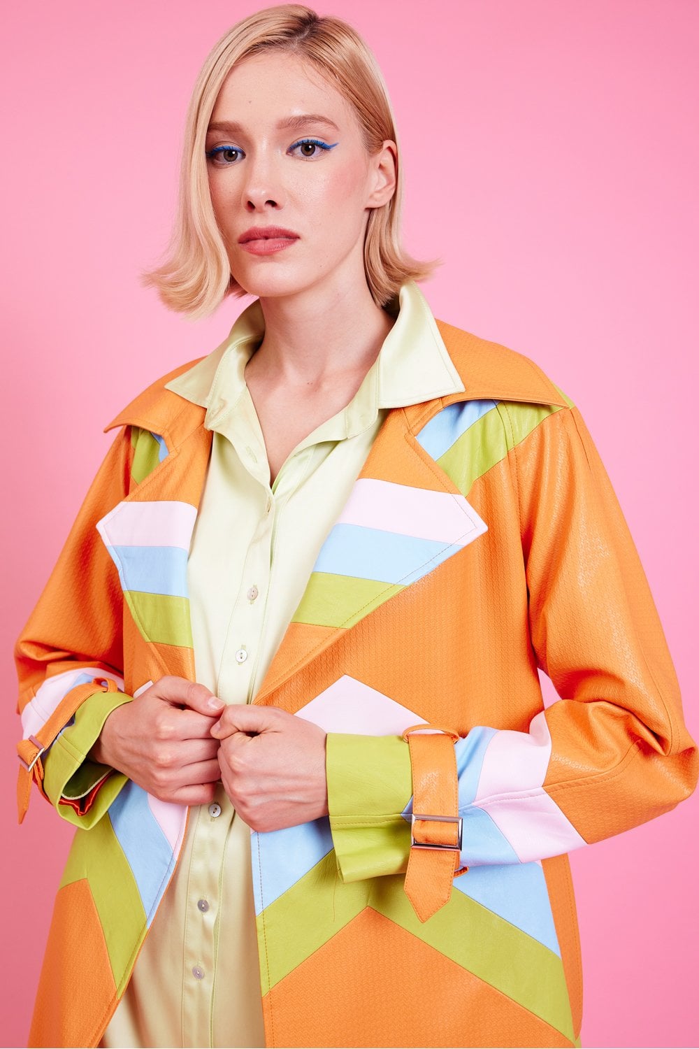 Jayley | Eco Leather Hand Cut Patchwork Trench Coat | Orange Multi