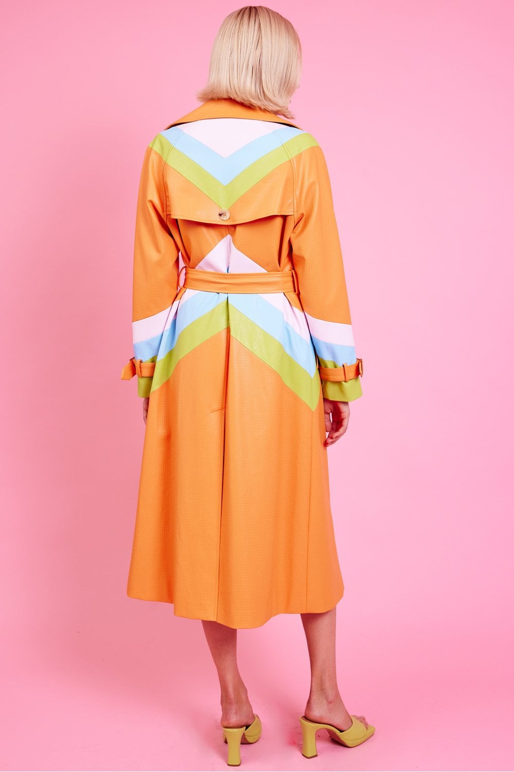 Jayley | Eco Leather Hand Cut Patchwork Trench Coat | Orange Multi