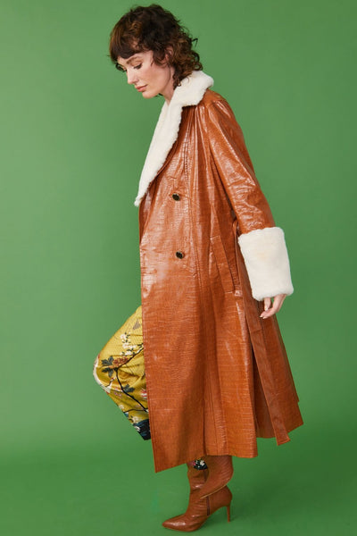 Jayley | Faux Leather Maxi Coat With Fur Cuffs and Collar | Tan