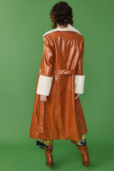 Jayley | Faux Leather Maxi Coat With Fur Cuffs and Collar | Tan