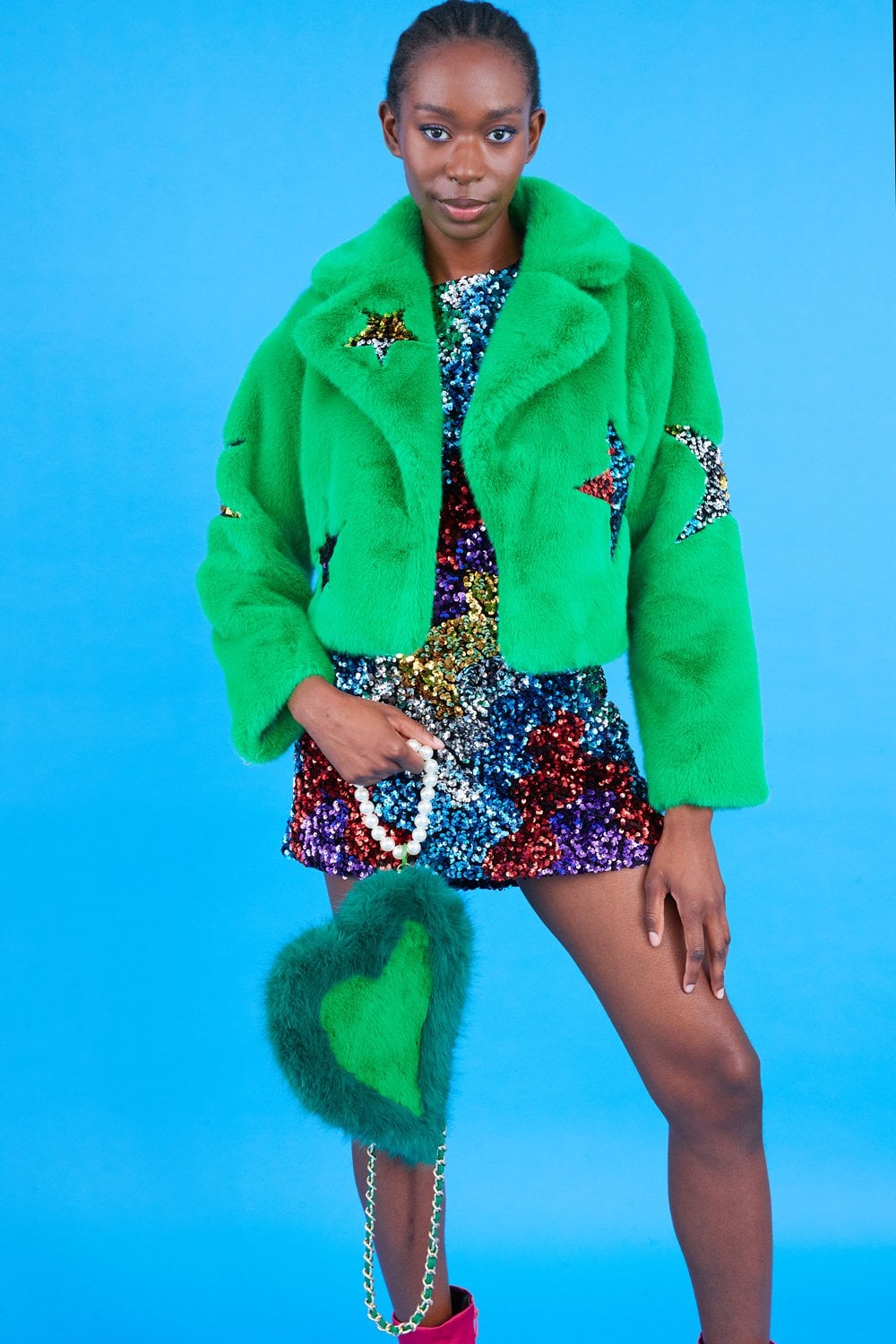 Jayley | Faux Fur Sequins Star Jacket | Green