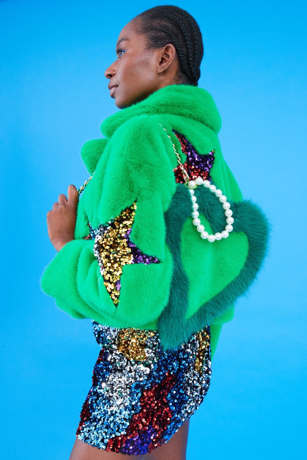 Jayley | Faux Fur Sequins Star Jacket | Green