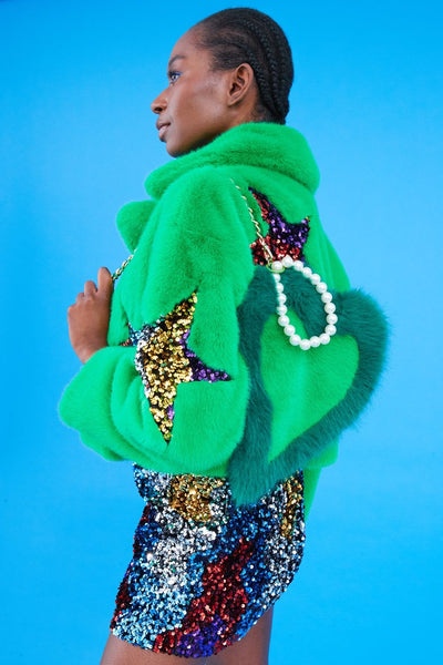 Jayley | Faux Fur Sequins Star Jacket | Green