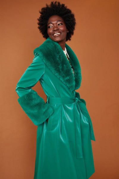 Jayley | Trench Style Belted Coat With Faux Fur Cuffs and Collar | Green