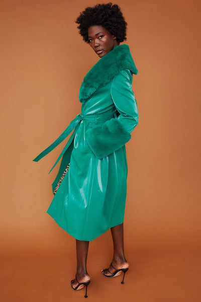 Jayley | Trench Style Belted Coat With Faux Fur Cuffs and Collar | Green