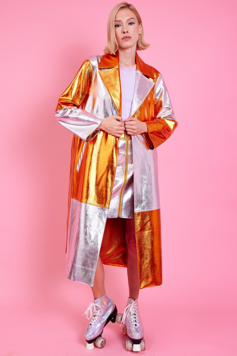 Jayley | Metallic Hand Cut Patchwork Trench Coat | Orange/Silver