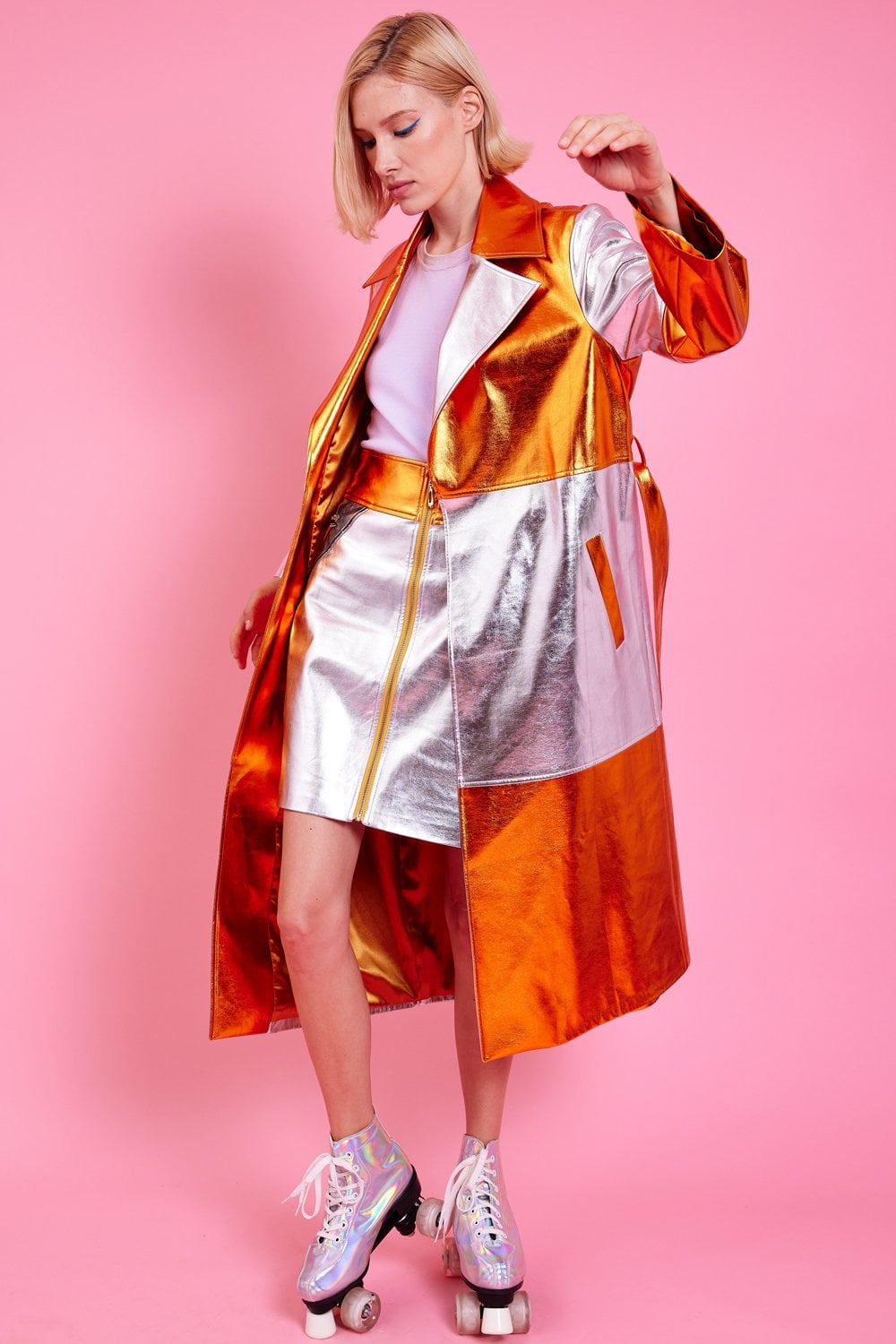 Jayley | Metallic Hand Cut Patchwork Trench Coat | Orange/Silver