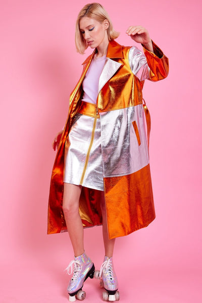 Jayley | Metallic Hand Cut Patchwork Trench Coat | Orange/Silver