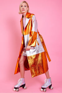 Jayley | Metallic Hand Cut Patchwork Trench Coat | Orange/Silver