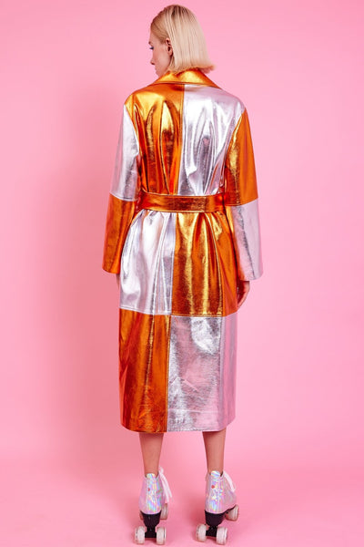 Jayley | Metallic Hand Cut Patchwork Trench Coat | Orange/Silver