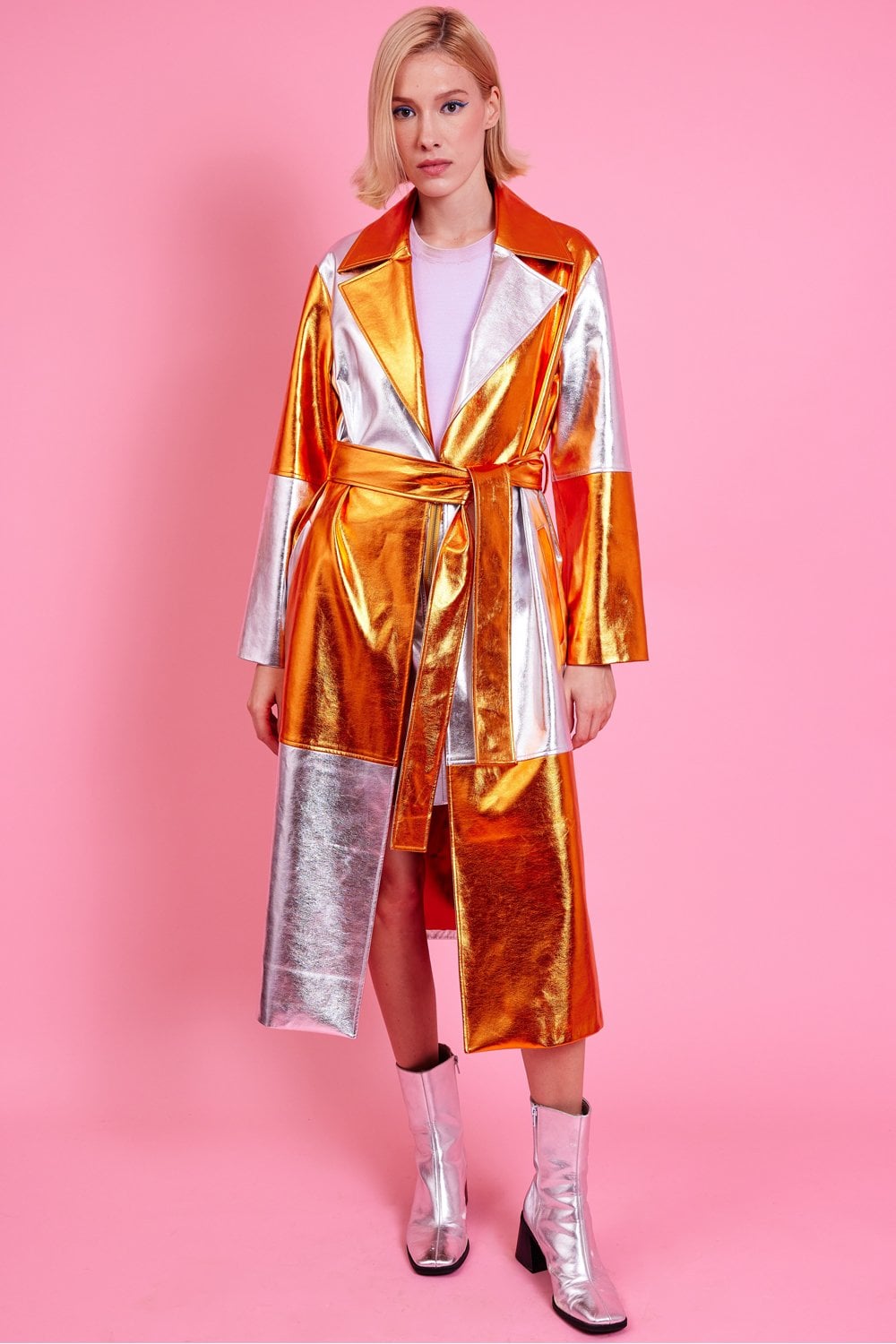 Jayley | Metallic Hand Cut Patchwork Trench Coat | Orange/Silver