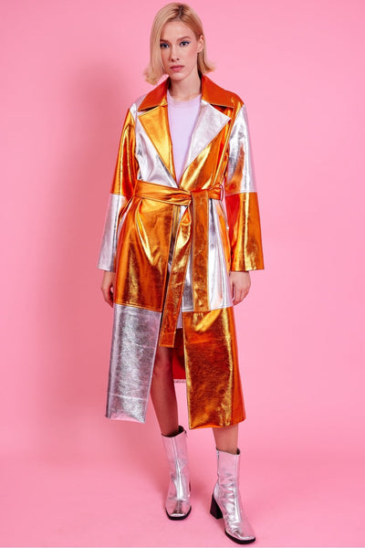 Jayley | Metallic Hand Cut Patchwork Trench Coat | Orange/Silver