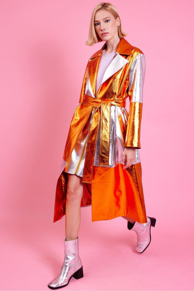 Jayley | Metallic Hand Cut Patchwork Trench Coat | Orange/Silver