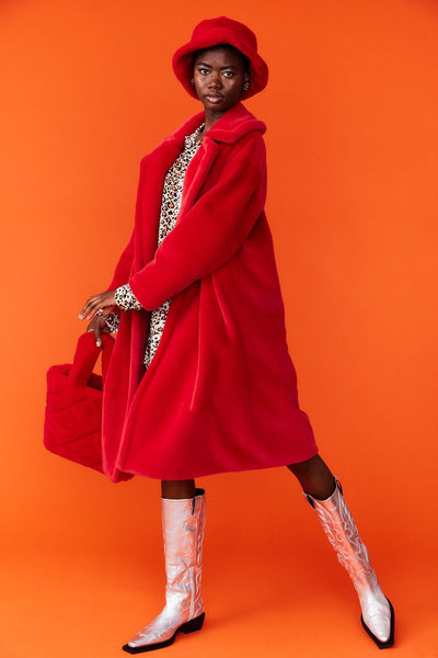 Jayley | Faux Fur Midi Coat | Red