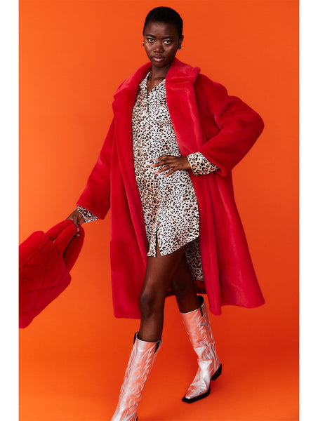 Jayley | Faux Fur Midi Coat | Red