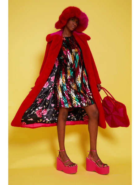 Jayley | Bamboo Faux Fur Midi Coat with Fur Collar | Red Multi