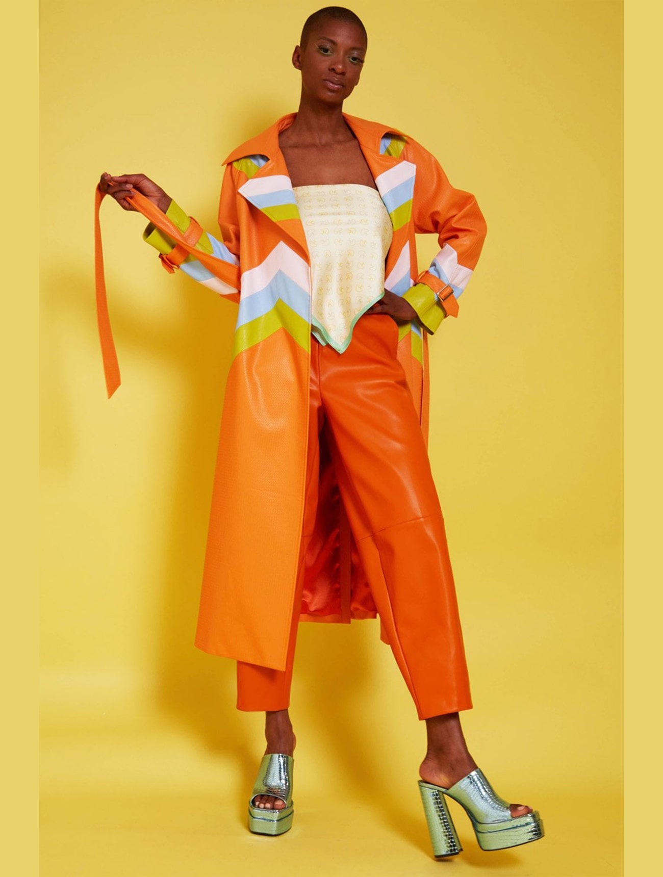 Jayley | Eco Leather Hand Cut Patchwork Trench Coat | Orange Multi