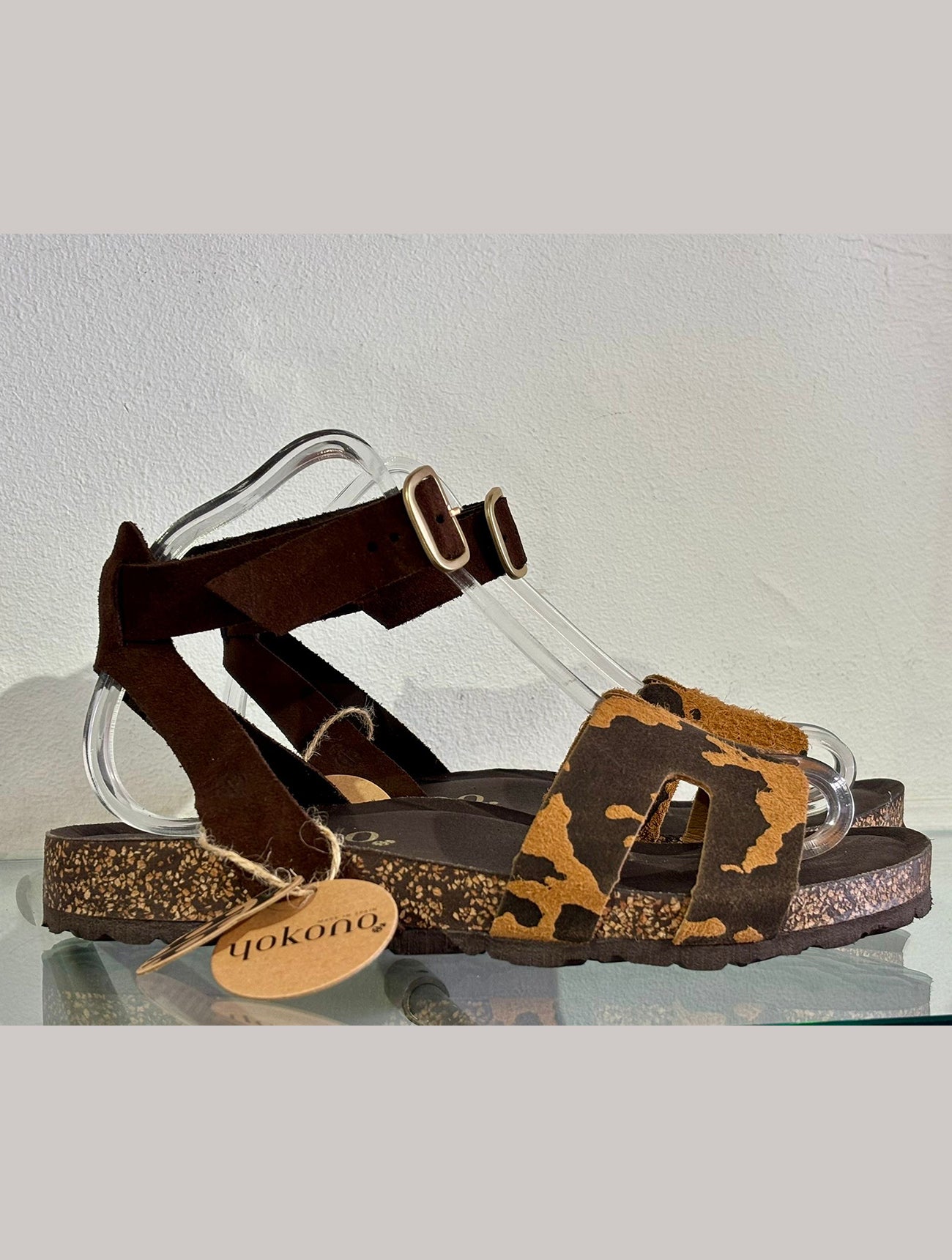 Yokono | JERBA-262 | Cow Print Flat Sandals with Ankle Strap | Beige/Brown