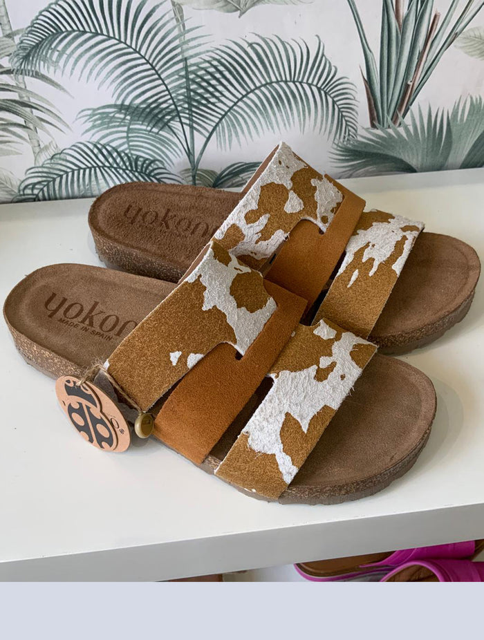 Yokono | JERBA-116 | Cow Print Slip On Sandal | Tan
