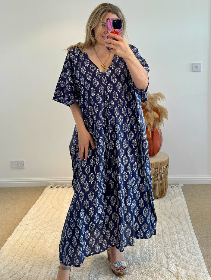 Indian Cotton Kaftan | Navy Boho Coral Print