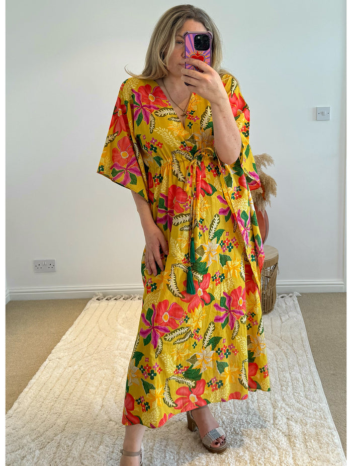 Indian Cotton Kaftan | Bright Yellow Floral Print