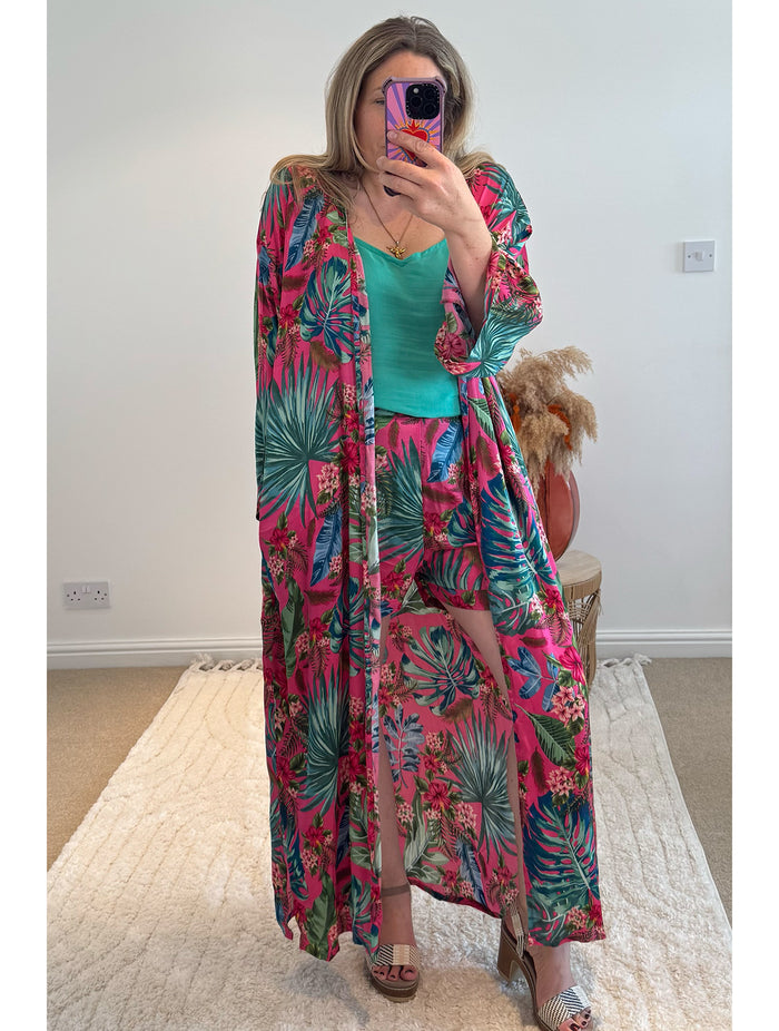 Kira Maxi Kimono | Fuchsia Tropical Print