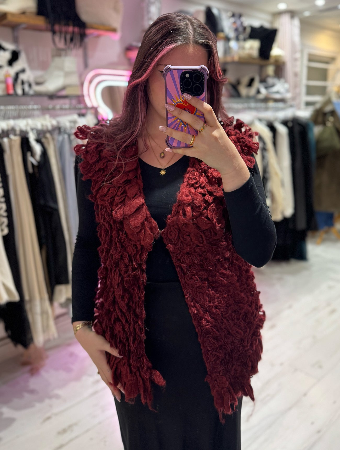 Looped Textured Knit Waistcoat | Wine