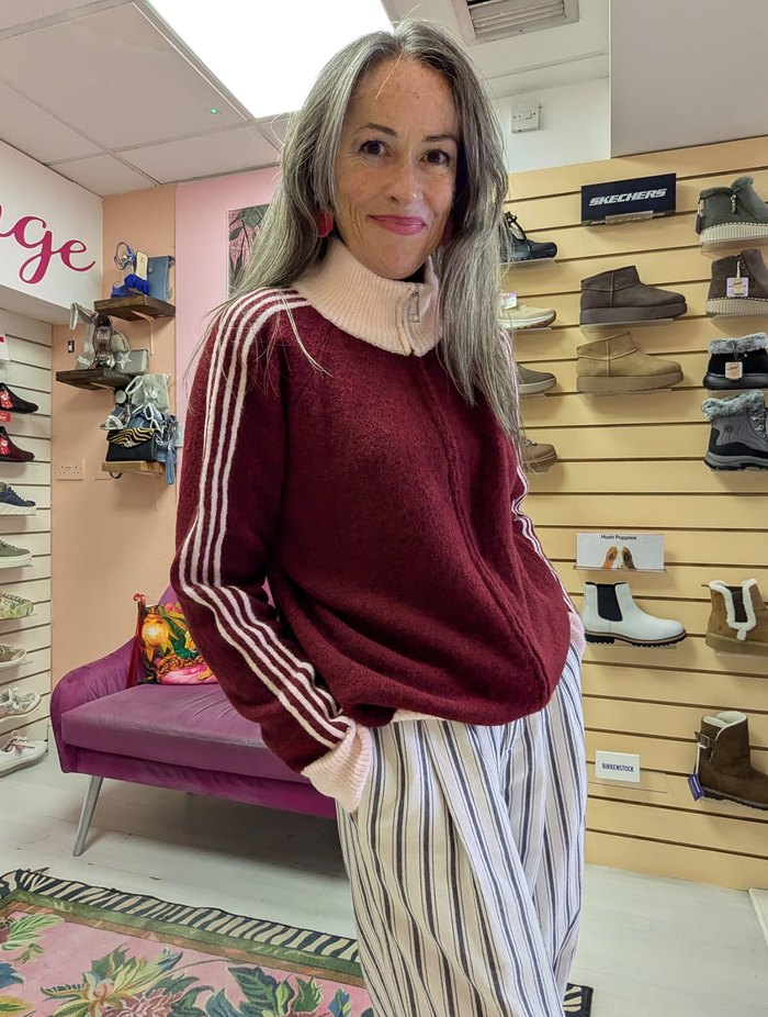 Knit Zip Up Track Top | Burgundy/Pink