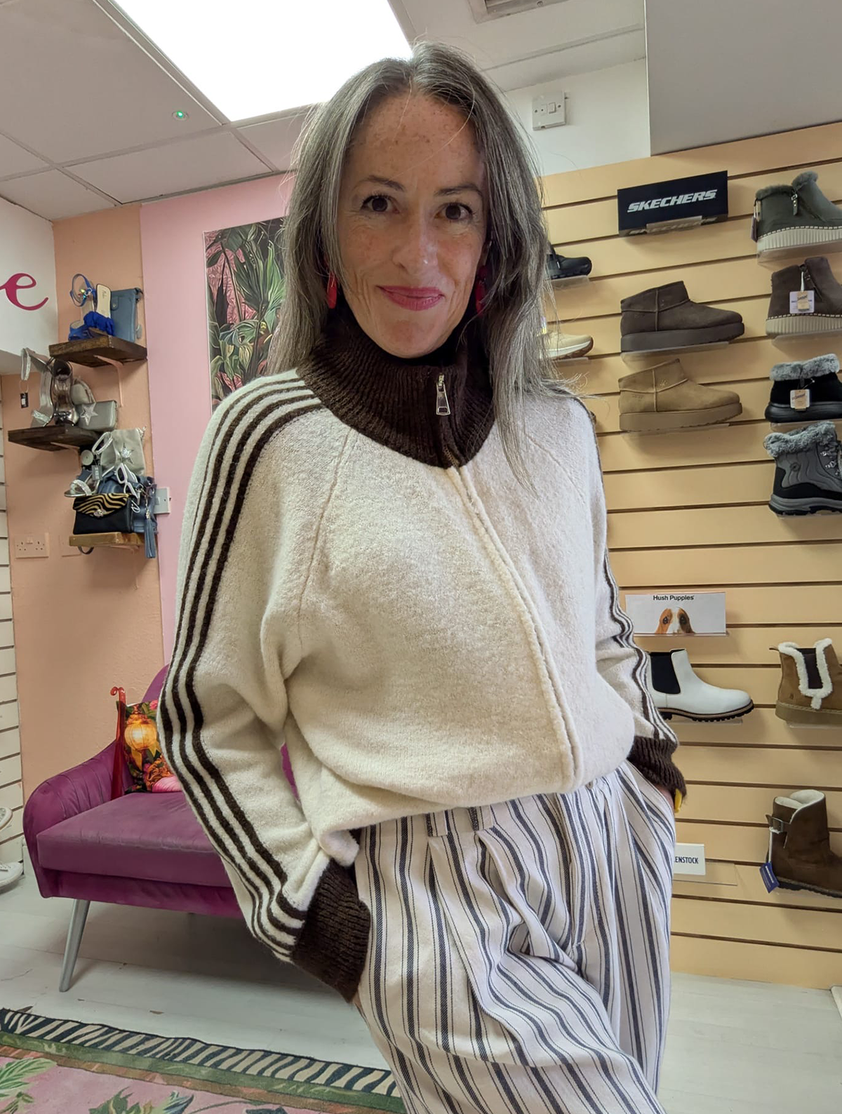 Knit Zip Up Track Top | Cream/Chocolate