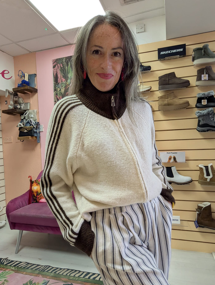 Knit Zip Up Track Top | Cream/Chocolate