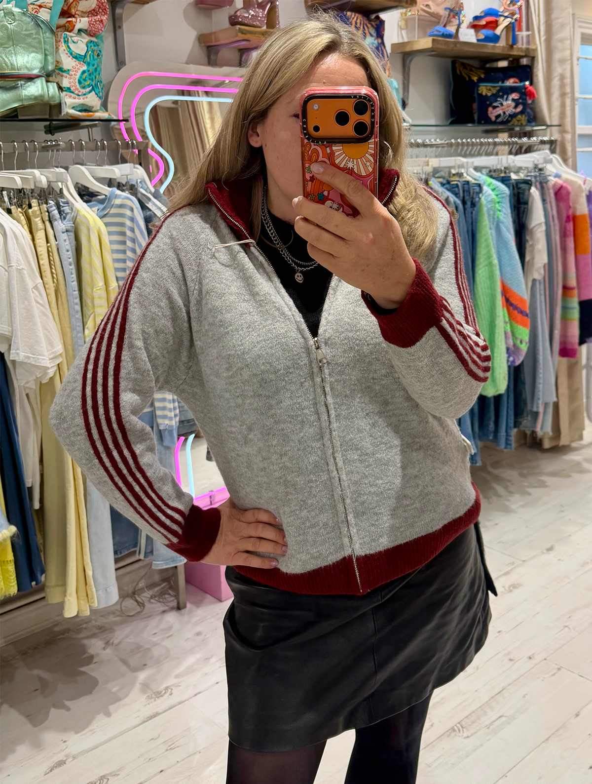 Knit Zip Up Track Top | Grey/Burgundy