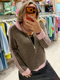 Knit Zip Up Track Top | Taupe/Pink